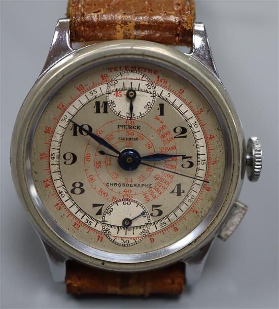 A gentlemans mid 20th century steel Pierce chronograph manual wind wrist watch,